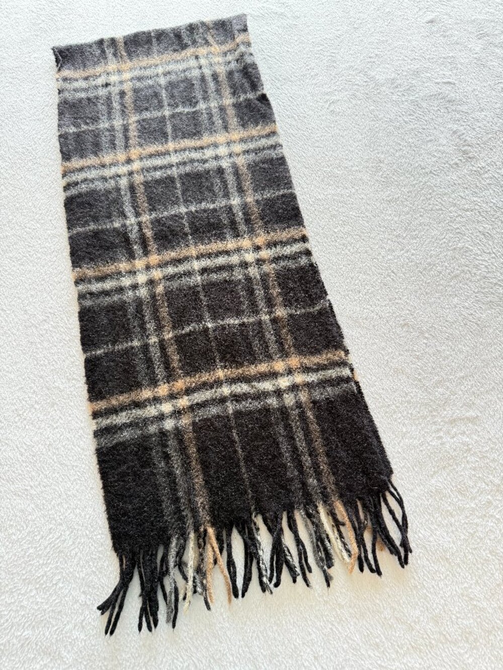 Nordstrom Camel Hair Plaid Scarf Heritage Neutral Fringe VTG Quiet Luxury